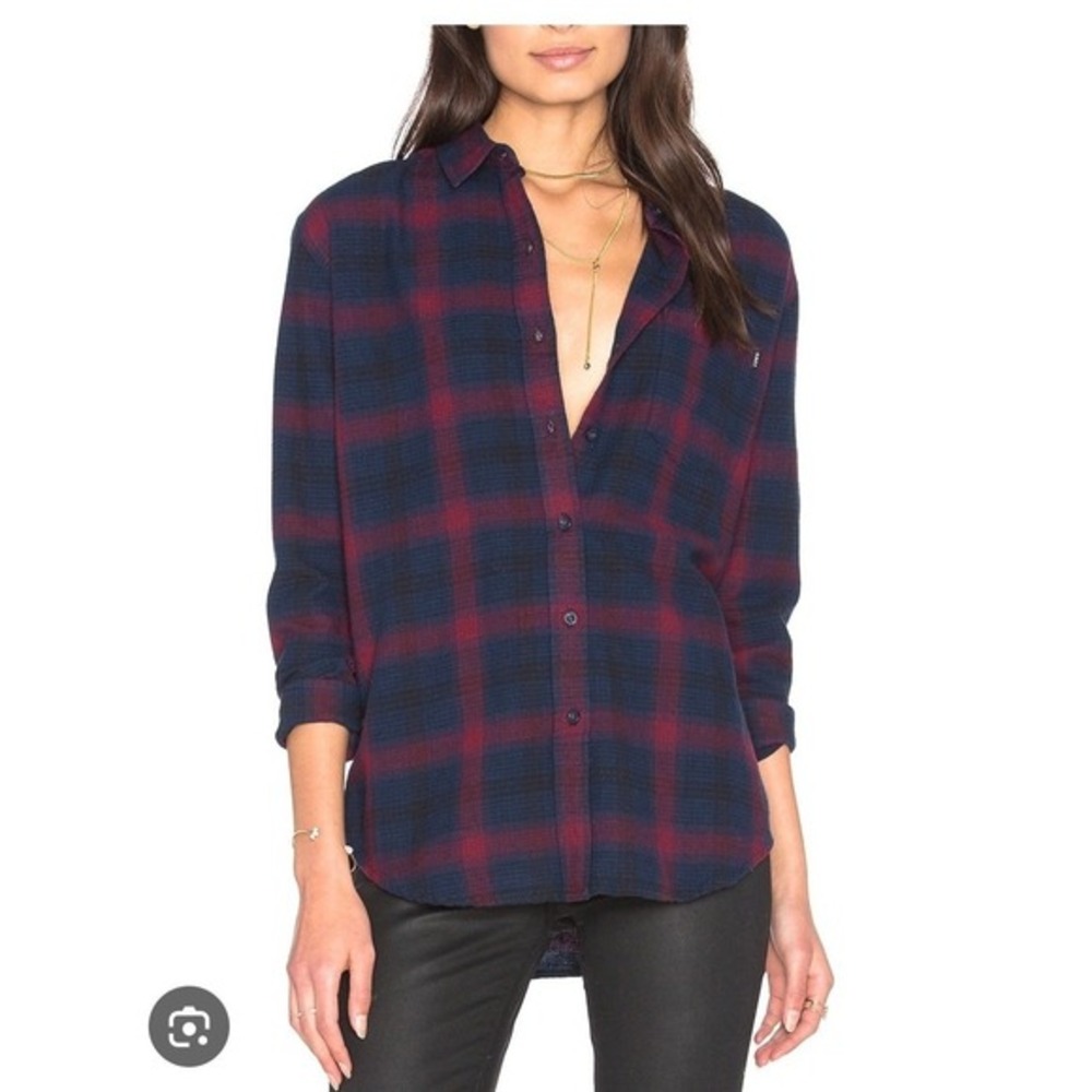 Obey‎ MONTAGUE M Medium Navy Dark Red Black Plaid Button Down Flannel Preppy